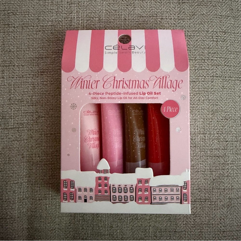 Celavi Winter Christmas Village Lip Oil Set - Pink, Brown, Red